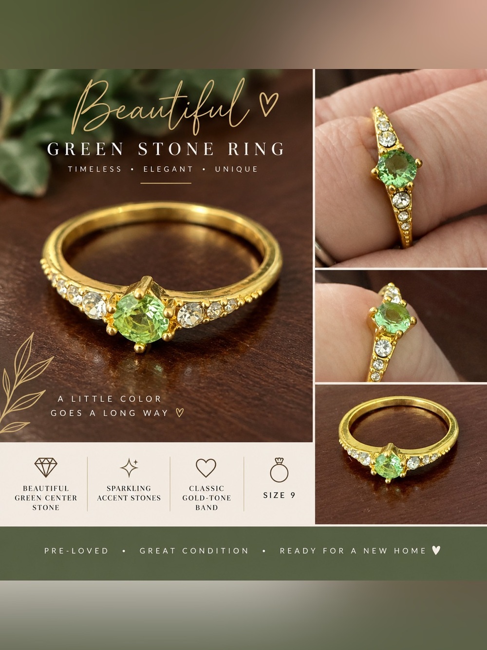 Gold-Tone Green Stone Ring - Elegant Womenβs Band